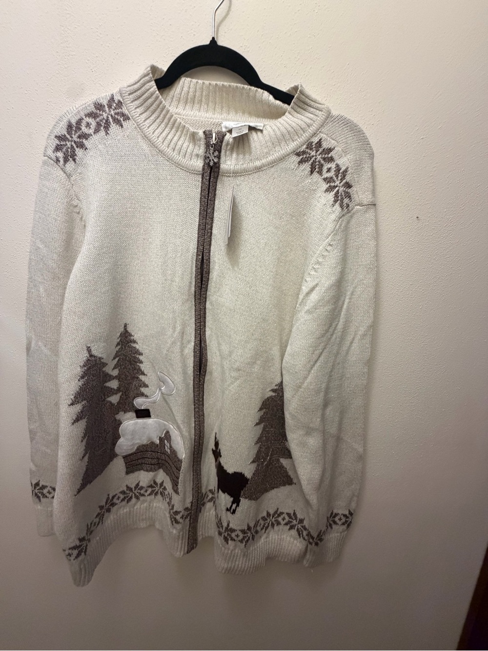 CJ Banks Cream Zip-Front Sweater Cardigan with Brown Forest Motif